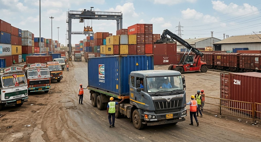 Container yard with trucks and freight cranes