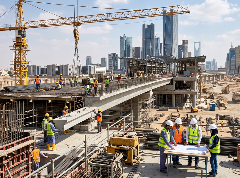 Construction Site with Engineers and Cranes